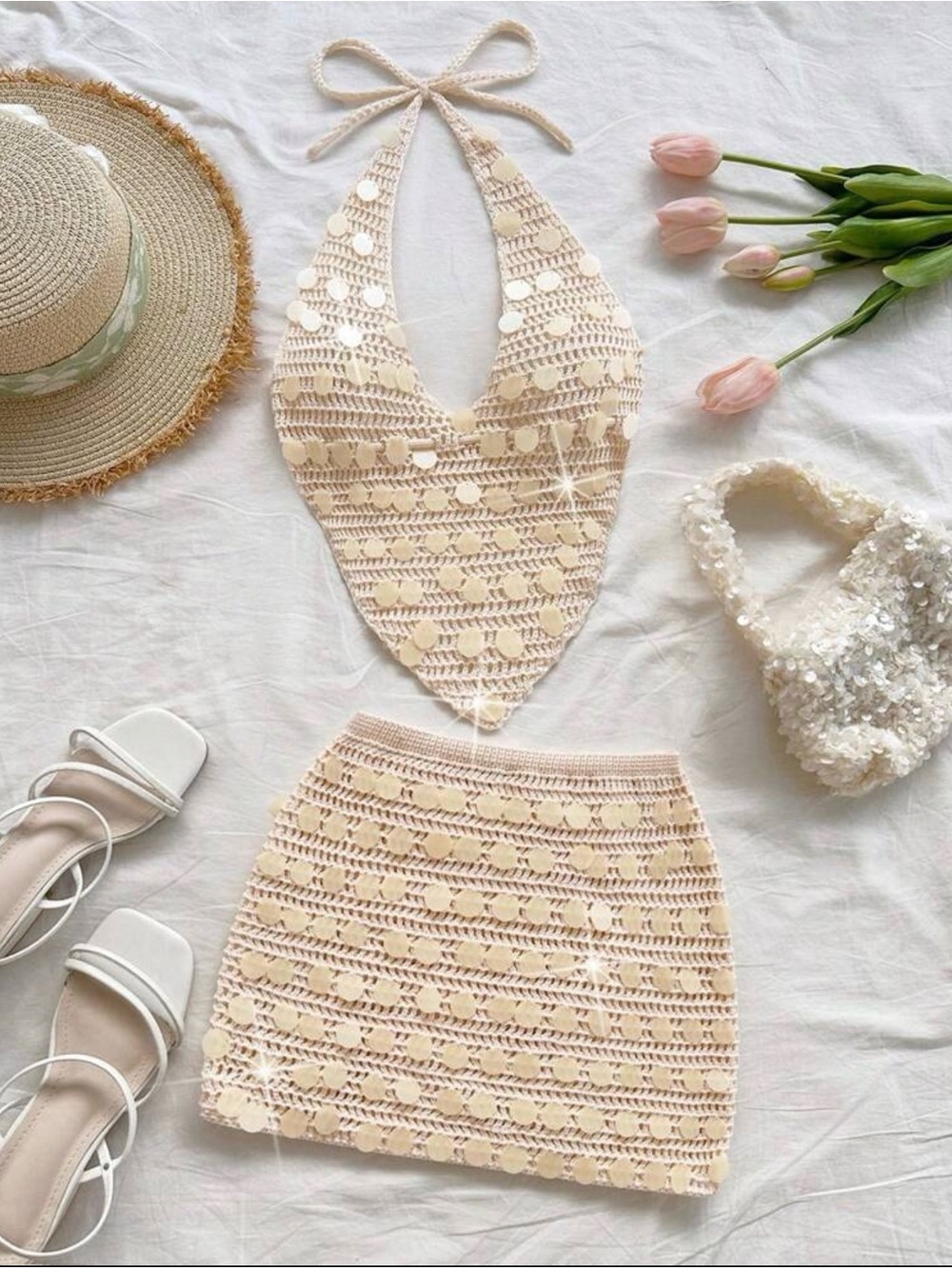 Beige Crochet Halter Mini Skirt Set
